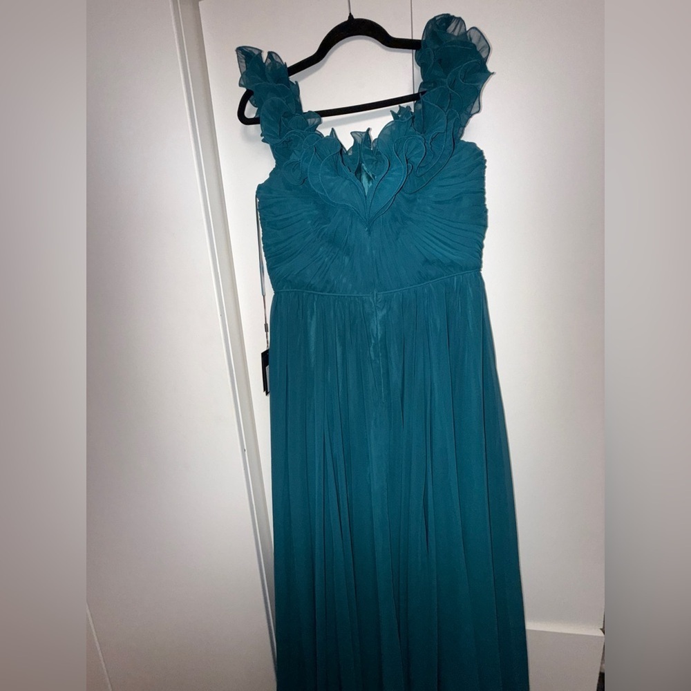 NWT Mac Duggal 11591 Teal Ruched Off The Shoulder A Line Gown Size 10 - Picture 11 of 14